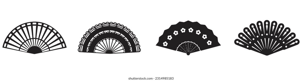 Hand fan icons. Collection of handheld icons isolated on a white background. Icons of folding and rigid fans. Vector illustration.EPS 10