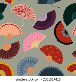 Ventilador de mano en un patrón sin fisuras. Hermoso fondo asiático. Ilustración del vector