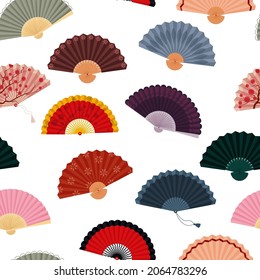 Hand fan on seamless pattern. Beautiful Asian background. Vector illustration