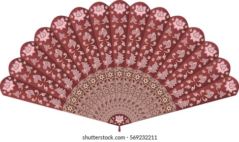 Hand fan in oriental Chinese style ornate with traditional floral decorative ornament. Vector illustration, isolated on white background