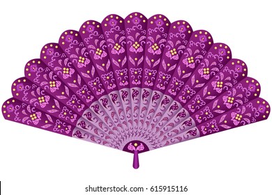 Hand fan in oriental style ornate with traditional floral decorative ornament. Vector illustration, isolated on white background