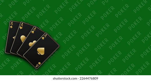 Hand fan of playing cards consisting of four black and golden Ace of Spades, Diamonds, Clubs, Hearts. Vector illustration poker and casino of all the aces on a green table background on left.