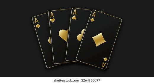 Hand fan of playing cards consisting of four black and golden Ace of Spades, Diamonds, Clubs, Hearts. Vector illustration poker and casino of all the aces on a black table background.