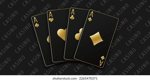 Hand fan of playing cards consisting of four black and golden Ace of Spades, Diamonds, Clubs, Hearts. Vector illustration poker and casino of all the aces on a black table background.