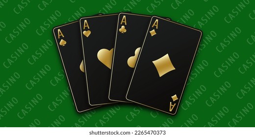 Hand fan of playing cards consisting of four black and golden Ace of Spades, Diamonds, Clubs, Hearts. Vector illustration poker and casino of all the aces on a green table background on left.