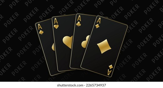 Hand fan of playing cards consisting of four black and golden Ace of Spades, Diamonds, Clubs, Hearts. Vector illustration poker and casino of all the aces on a black table background.