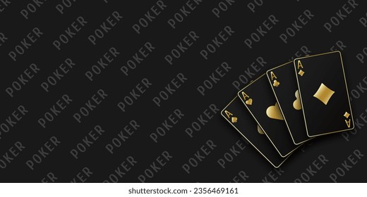 A hand fan of playing cards consisting Ace of Spades, Diamonds, Clubs, Hearts. Vector illustration poker of all the aces. Black poker table background.
