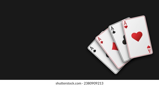 Hand fan of playing cards consisting of four white Ace of Spades, Diamonds, Clubs, Hearts. Vector illustration on a black table. Poker and casino concept.