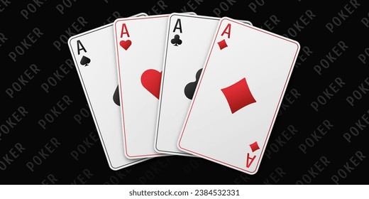 A hand fan of playing cards consisting Ace of Spades, Diamonds, Clubs, Hearts. Vector illustration poker and casino of all the aces. Black table background.