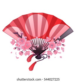 Hand fan in red and pink colors with traditional japanese design and sakura decorations. Vector illustration isolated on white background