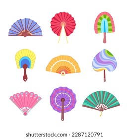 hand fan set cartoon. chinese japanese, paper japan, red china, asian object hand fan sign. isolated symbol vector illustration