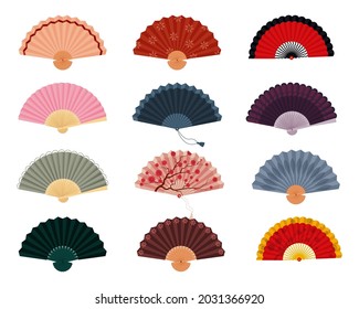 Hand fan set. Japanese, Spanish and Chinese style on fan. Vector isolated illustration on white background