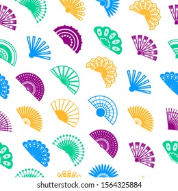 Hand Fan Signs Thin Line Seamless Pattern Background on a White Traditional Souvenir or Elegant Accessory. Vector illustration of Icons