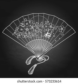 Hand fan with traditional japanese sakura design. Translation of the hieroglyph - sakura. Vector illustration isolated on the chalkboard
