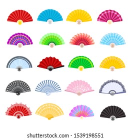 Hand fan vector traditional Japanese accessory and Chinese decoration folding handheld-fan illustration set of open Asian culture design object isolated on white background.