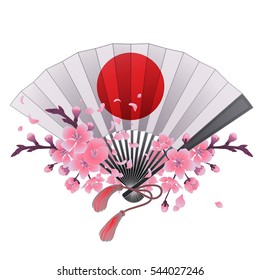 Hand fan in white and red colors with traditional japanese design and sakura decorations. Vector illustration isolated on white background