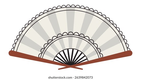 Hand fan with wooden sticks at the bottom and gray and white leaf radiating from center, creating a beautiful semicircle with a scalloped edge