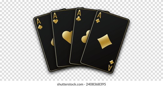 A hand fanned of playing cards. Ace of Spades, Diamonds, Clubs, Hearts. Vector illustration Casino or Poker of all the aces. Transparent background.