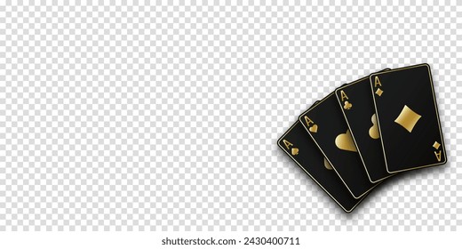 A hand fanned of playing cards. Ace of Spades, Diamonds, Clubs, Hearts. Vector illustration Casino or Poker of all the aces. Transparent background.