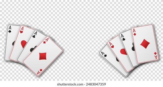 Una mano fanática de las cartas. As de picas, diamantes, palos, corazones. Ilustración vectorial Casino o Poker de todos los ases. Fondo transparente.