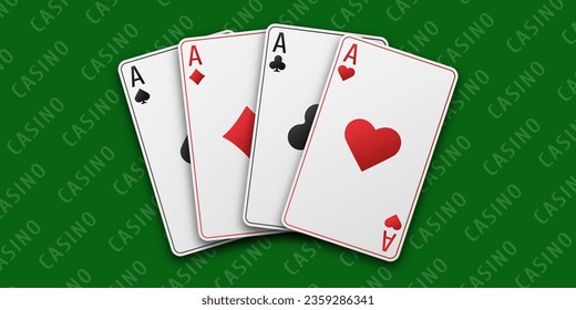 A hand fanned of playing cards consisting Ace of Spades, Diamonds, Clubs, Hearts. Vector illustration Casino of all the aces. Green Casino table background.