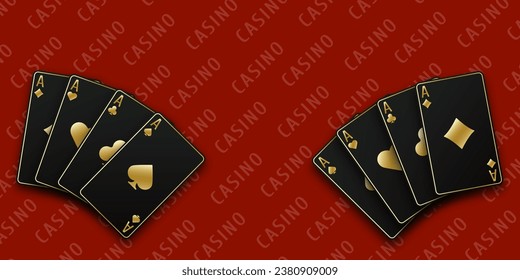 A hand fanned of playing cards consisting Ace of Spades, Diamonds, Clubs, Hearts. Vector illustration Casino of all the aces. Red Casino table background.