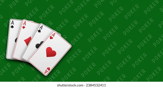 A hand fanned of playing cards consisting Ace of Spades, Diamonds, Clubs, Hearts. Vector illustration Poker of all the aces. Green Poker table background.