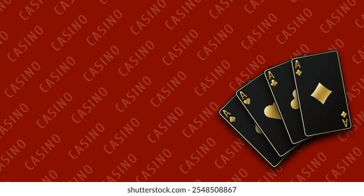 A hand fanned of playing cards consisting Ace of Spades, Diamonds, Clubs, Hearts. Vector illustration Casino of all the aces. Red Casino table background.