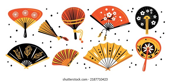 Hand fans. Cartoon Chinese handheld accessories. Different shapes design. Oriental folding attributes. Artificial breeze creation. Souvenirs with floral ornaments. Garish