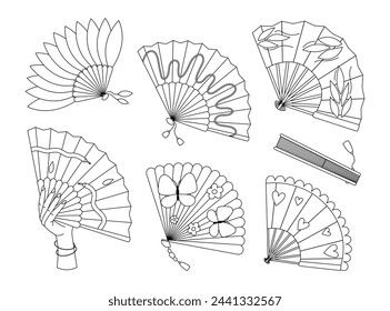 Página para colorear de abanicos de mano. Recuerdo plegable tradicional asiático. Juego de contornos de accesorios de refrigeración. Colección con diseño diferente. Libro de colorear para imprimir