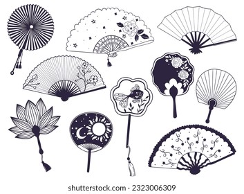 Hand fans set. Dark blue silhouettes of Chinese, Japanese paper folding hand fans. Vector graphics.