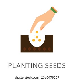 Hand of farmer planting seed in soil flat vector icon. Cartoon drawing or illustration of garden or farm symbol on white background. Gardening, agriculture or farming concept