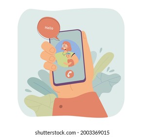 Hand of father holding phone with mother and son on screen. Husband on video call with wife flat vector illustration. Family, communication, technology concept for website design or landing web page