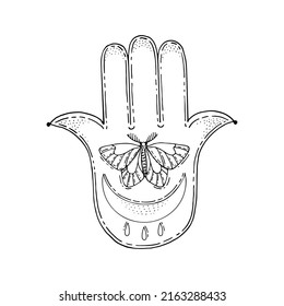 Hand of Fatima. Palm with five fingers. Lunar crescent. Moth, butterfly. Ancient religion sign. Symbol divine power. Prayer amulet. Hand drawn vector illustration. Gods hand.