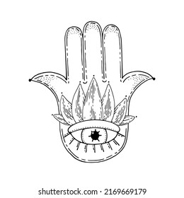 Hand of Fatima. Palm with five fingers. All-seeing eye. Lotus flower. Ancient religion sign. Symbol divine power. Prayer amulet. Hand drawn vector illustration. Gods hand.