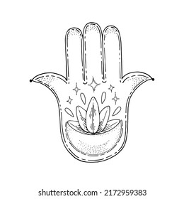 Hand of Fatima. Palm with five fingers. Lunar crescent star. Lotus flower. Ancient religion sign. Symbol divine power. Prayer amulet. Hand drawn vector illustration. Gods hand.
