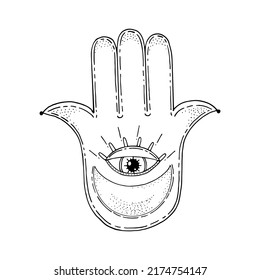 Hand of Fatima. Palm with five fingers. All-seeing eye. Lunar crescent. Ancient religion sign. Symbol divine power. Prayer amulet. Hand drawn vector illustration. Gods hand.