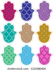 hand of fatima vector illustration, moroccan iconic khamssa hand drawn, traditional pattern elements.