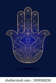 hand of Fatima, vector image, golden hand on dark blue background, symbol