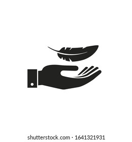 Hand with feather or bird quill icon, Vector isolated flat design illustration.