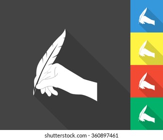 hand with feather icon - gray and colored (blue, yellow, red, green) vector illustration with long shadow