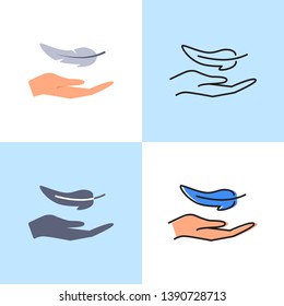 Hand and feather icon set in flat and line styles