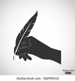 Hand with feather icon - vector  illustration