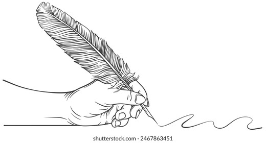 Hand with feather pen and inkwell. hand with feather pen illustration