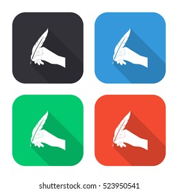Hand with feather vector icon - colored illustration (gray blue green red) with  long shadow