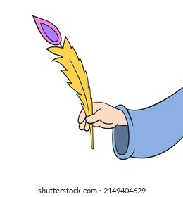 hand with feather writer, close-up, cartoon pic, fairy tale, on a white background