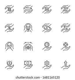 Set mit den Symbolen der Handfunktion. Sammlung von linearen Stilsymbolen, Umrissbeschriftung. Grafiken der Vektorillustration. Set beinhaltet Symbole als Hände mit Welt-Globus, Geld, Einstellgerät, globale Netzwerkverbindung, Ziel