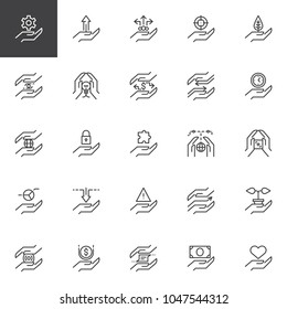 Hand feature outline icons set. linear style symbols collection, line signs pack. vector graphics. Set includes icons as setting gear in hand, exchange, clock, puzzle, security, income, plant, money