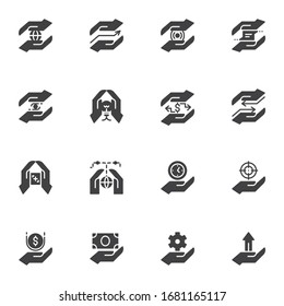 Hand feature vector icons set, modern solid symbol collection, filled style pictogram pack. Signs, logo illustration. Set includes icons as hands with world globe, money, setting gear, global network