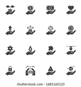 Hand feature vector icons set, modern solid symbol collection, filled style pictogram pack. Signs, logo illustration. Set includes icons as hand and plant, money, heart, clock, setting gear, puzzle
